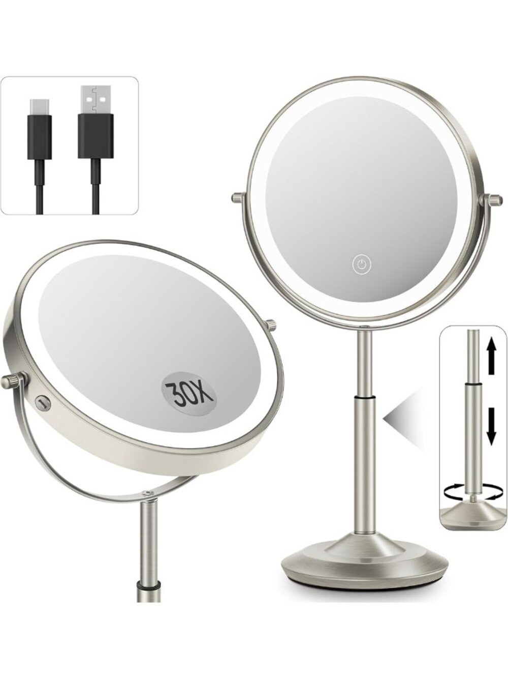 8" Lighted Makeup Mirror - 30X Magnifying, Adjustable Height, Perfect for Beauty